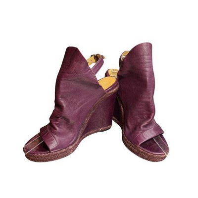 Balenciaga Wedge Sandals Size 40 Purple Leather Espadrille Peep Toe Slingback