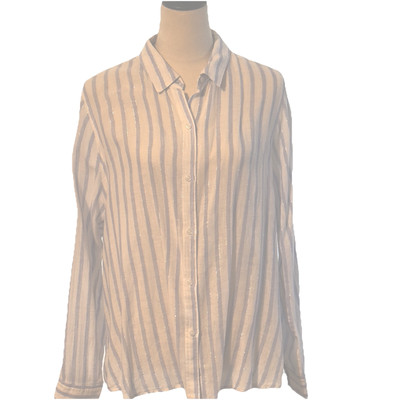 RAILS Sz M Sydney Blouse Top Button  Stripe Linen Blue White Silver Back Slit