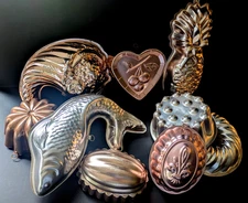 Lot of 9 VTG Copper Style Jello Mousse Molds Fleur Fish Heart Floral Fruit Large
