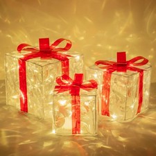 FUNPENY Set of 3 Christmas 60 LED Lighted Gift Boxes, Transparent Warm White Lig