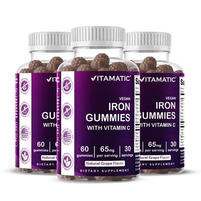 3- Pack Vitamatic Iron 65 mg Gummies  for Women & Men - 60 Vegan Gummies