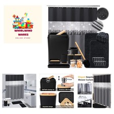 Bathroom Sets with Shower Curtain and Rugs,24PCS Black Bathroom Set Shower Cu...