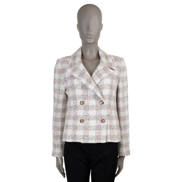 73162 authentische CHANEL weiße Baumwolle 24 S PAILLETTEN KARIERT TWEED Jacke 40 M