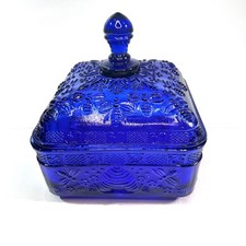 Vintage Indiana Glass Tiara Cobalt Blue Honey Bee Covered Box/Candy Dish