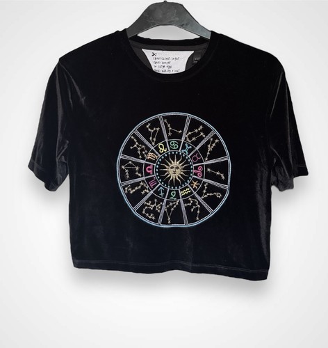 Topshop Tee & Cake Black Velvet Feel Star Signs Cropped Boxy T-Shirt Top Small