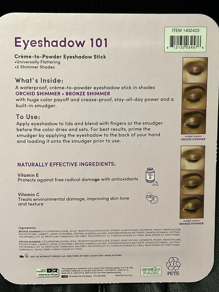 JULEP 2 Pack Creme to Powder Eyeshadow 101 Duo -ORCHID SHIMMER + BRONZE  NEW - Image 2 of 2