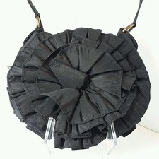 Vintage Nina Brand Black Satin Look Ruffle Antique Gold Evening Purse Handbag