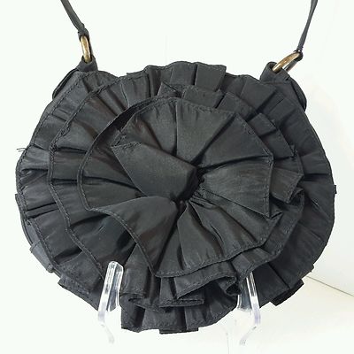 Vintage Nina Brand Black Satin Look Ruffle Antique Gold Evening Purse Handbag