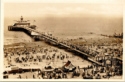 Postcard RPPC Scheveningen Strand Overzicht Beach Pier cars bicycles Netherlands