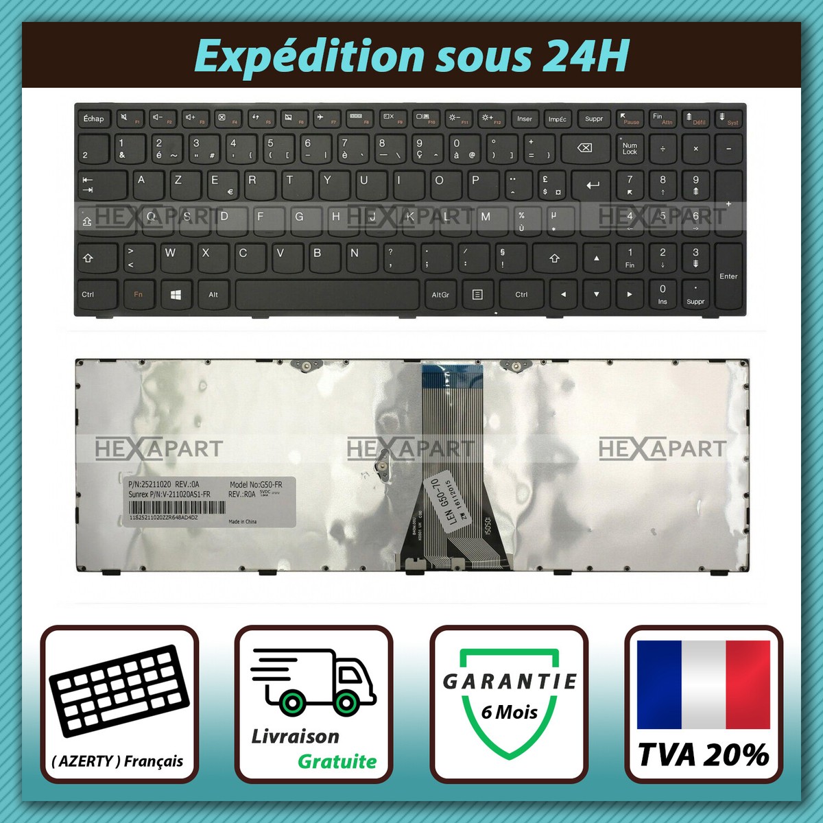 Clavier AZERTY Pour Lenovo Ideapad G50-30 - Noir - Neuf