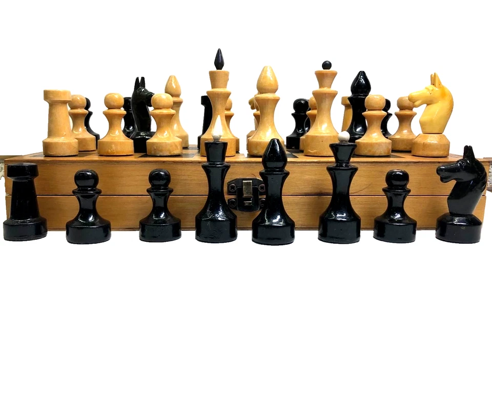 Vintage Soviet Wooden Chess Set USSR 1960-70s w/ Folding Board Box Cold War Era - Image 3 of 4