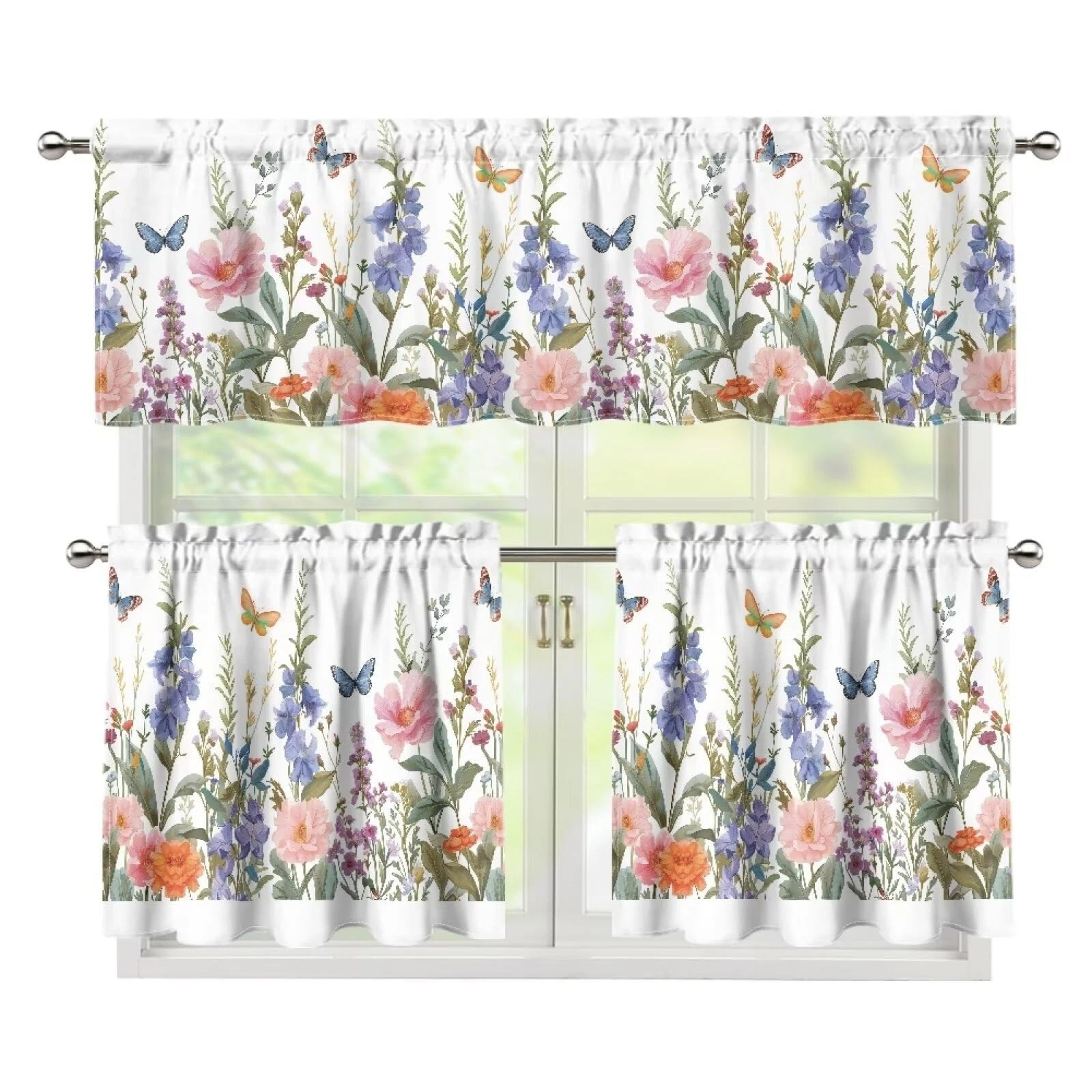 Butterfly Floral Kitchen Curtains Tiers and Valances Set, Rod Pocket Valance ...