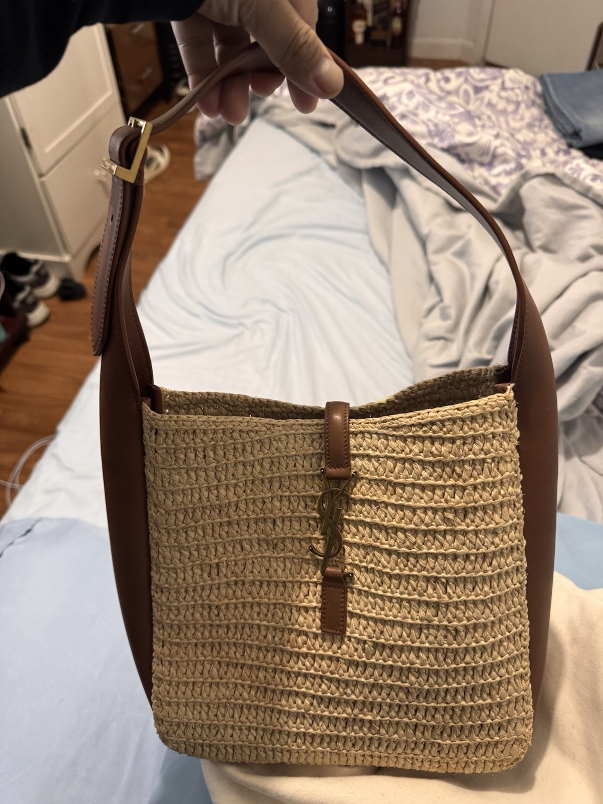 Saint Laurent Le 5 a 7 Supple Hobo Raffia and Leather Small New With tag