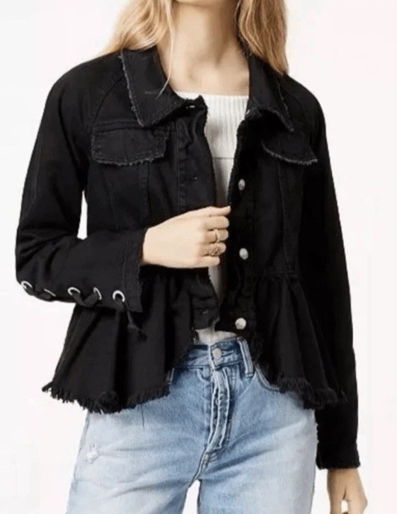 Sz Medium Free People Willow Distressed Peplum Denim Jean Lace Up Cuffs Jacket