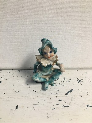 Vintage Occupied Japan Pixie Elf Court Jester 1940s Green Sitting Legs Crossed