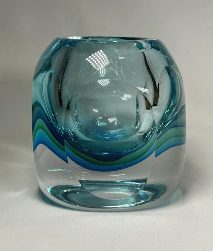 FLAVIO POLI SEGUSO Murano Sommerso Art Glass Cut Facet Cased Vase 4” Blue Green