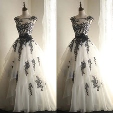 Gothic Black White Wedding Dresses Lace Appliques Ruffles A Line Bridal Gowns