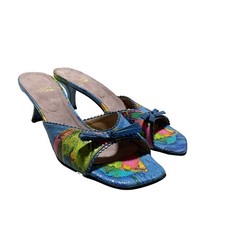 VTG Stuart Weitzman Leather Sandals 8 Spain Blue Scalloped Kitten Heel Y2K