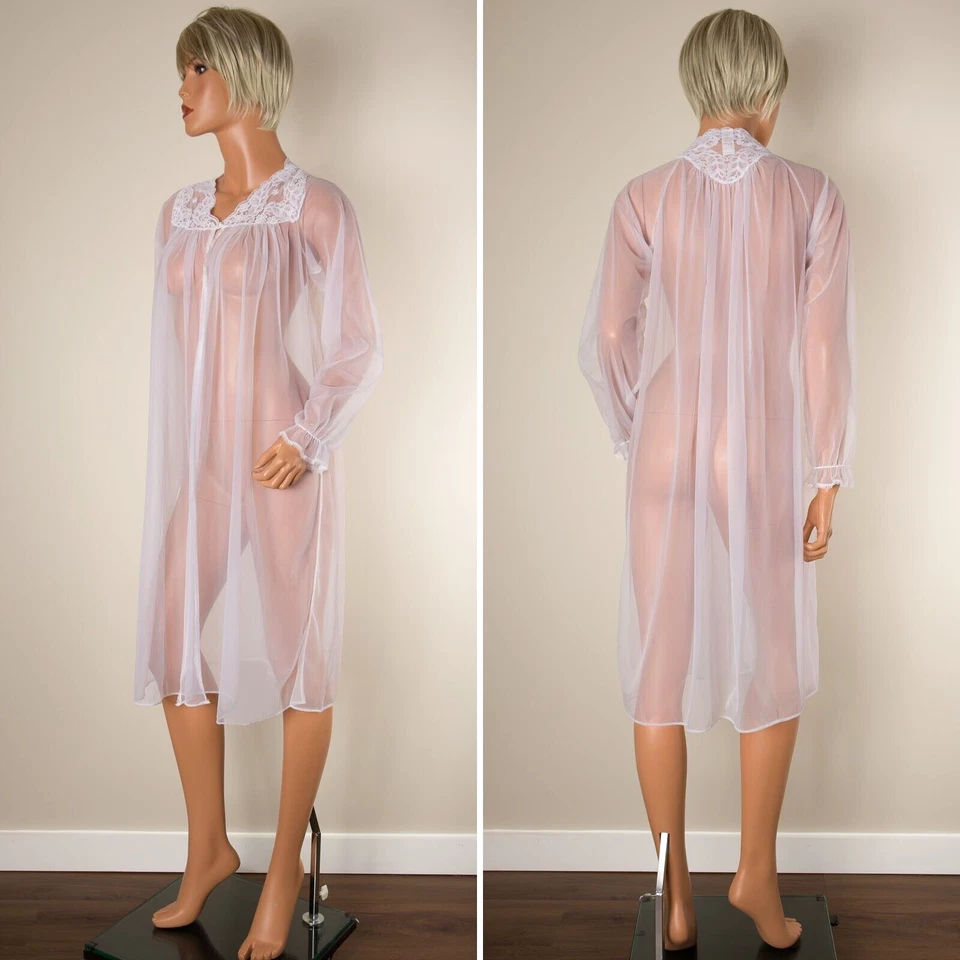 💖 Conjunto de camisola de chiffon nupcial vintage Kayser peignoir roupão branco renda negligee P - Imagem 3 de 4