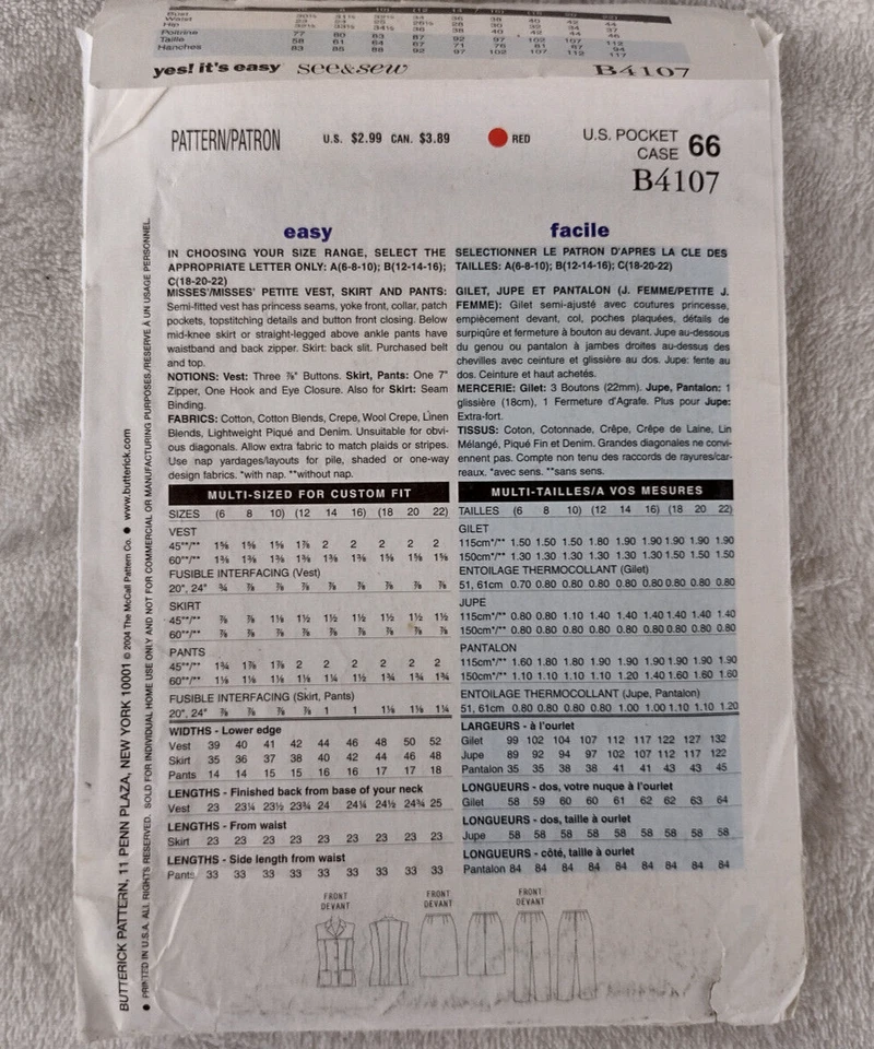 See & Sew Pattern B4107 Misses Vest Skirt Pants Easy 6 8 10 Uncut - Image 4 of 4