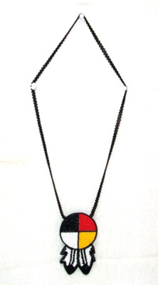 3'' Beaded Rosette Necklace Medicine Wheel & Eagle Feathers Native Regalia