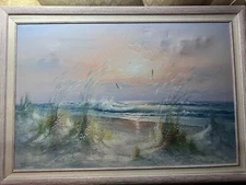 Huge "Seaside With Gulls Scene" Oil On Canvas Painting - Framed