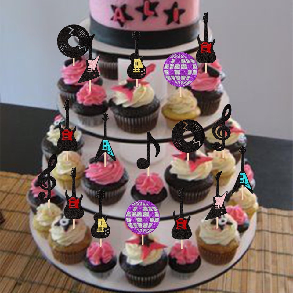24 Pcs Music Cupcake Toppers Rock and Roll Party Decor for Birthday