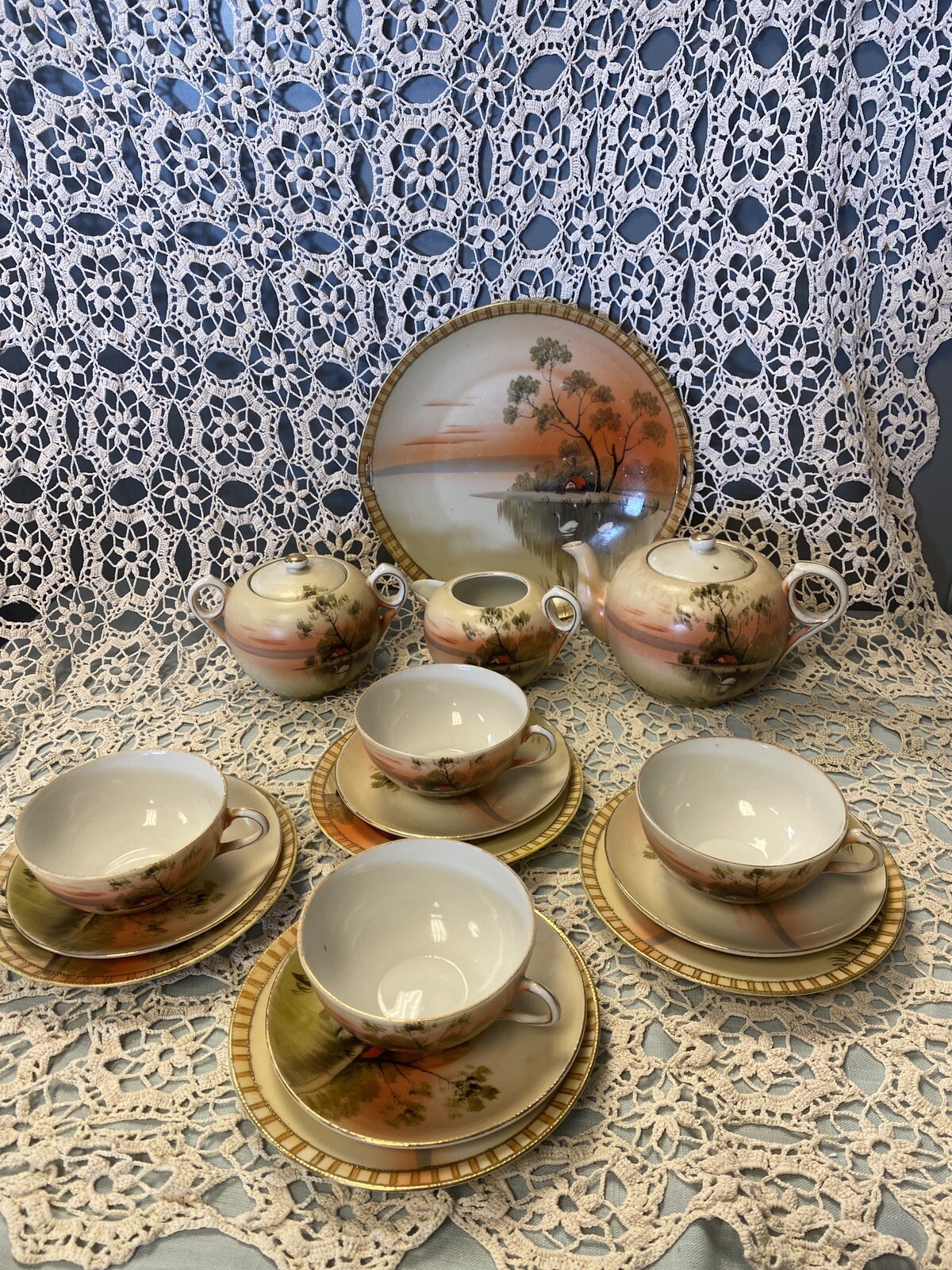 Antique Hand Painted Nippon Swans on Lake Gold Gilt Tea Set For 4 Rare