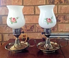 Pair Vtg Antique Milk Glass Rose Floral Hurricane Brass Lamps Bedroom Boudoir