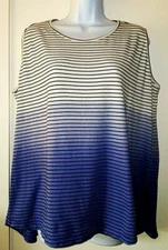 JOAN VAAS-1X White Cotton Knit No Sleeve Tunic w/Blue Ombre Bottom &Black Stripe