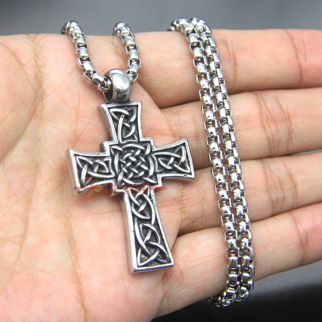 Men's Vintage Stainless Steel Celtic Cross Filigree Irish Knot Necklace