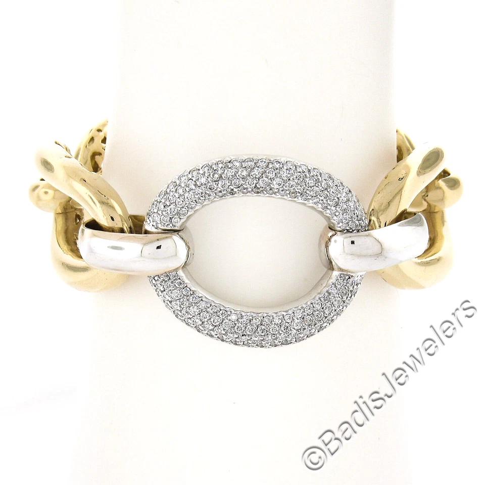 14K TT Gold Large Open Oval Link w/ 2.0ctw Pave Diamonds Center Link Bracelet - Image 3 of 4