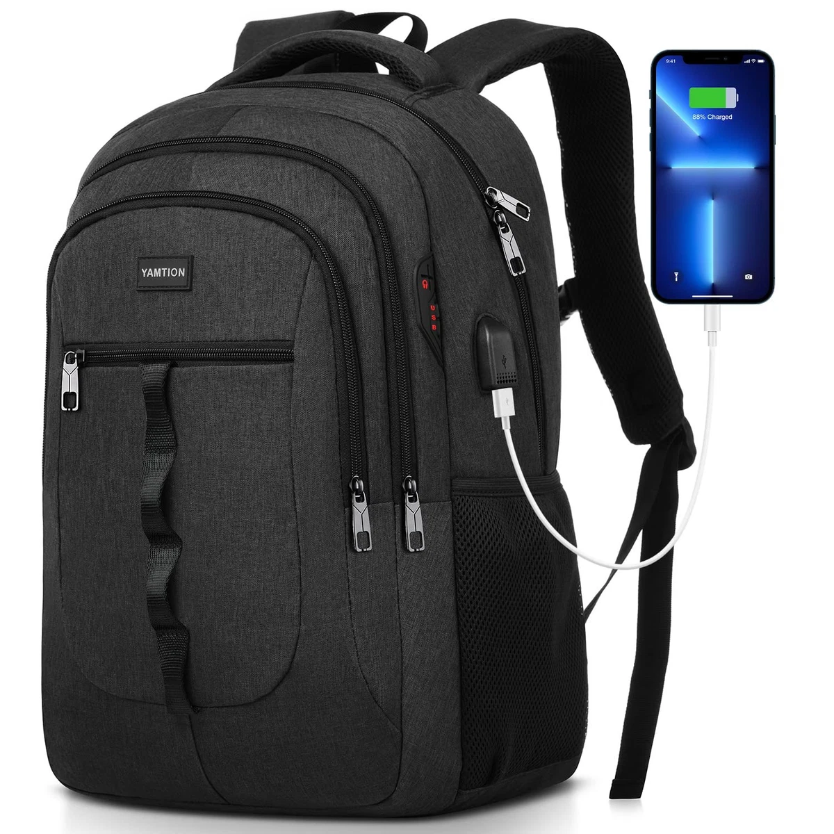 BOXSAM Zaino Scuola Superiore Uomo Zaino da Università Impermeabile Ragazzo Zaini per Scuola Superiore Media Leggero Resistente College Casual Backpack Nero