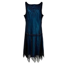 VTG Y2K S.L. Fashions Midi Dress 12 M Black Teal Beaded Mesh Whimsigoth Fairy