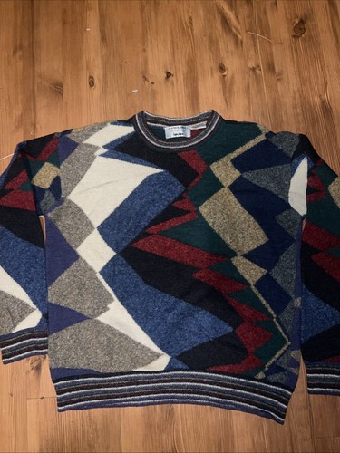 Jhane Barnes Sweater men's Medium Crew Neck Pullover 100% Wool Geometric Striped