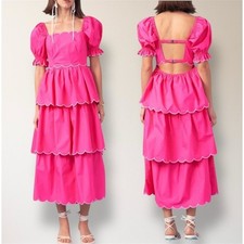 NWT English Factory Anthropologie L Pink Scallop Tiered Maxi Dress Puff Sleeve