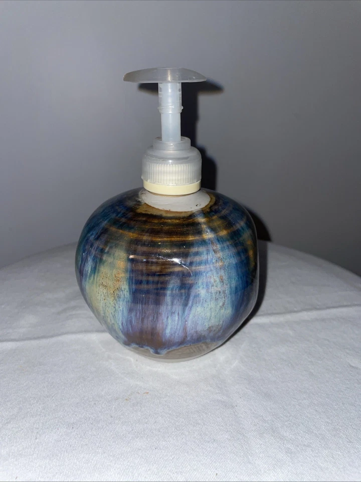 Handmade Pottery Soap Dispenser Blue Purple Gold Look Like Bill Campbell Pottery - Image 3 of 4