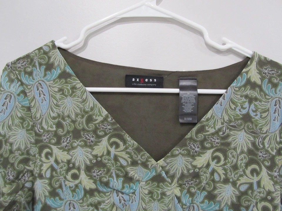AXCESS верхняя рубашка блузка M 6 бюст 36 длина 23 v-образным вырезом оливковый синий смеси цветочный - Изображение 2 из 2