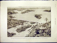 Original Old Antique Print Nile River Water Birds-Eye View Assouan Dam 1898 19th