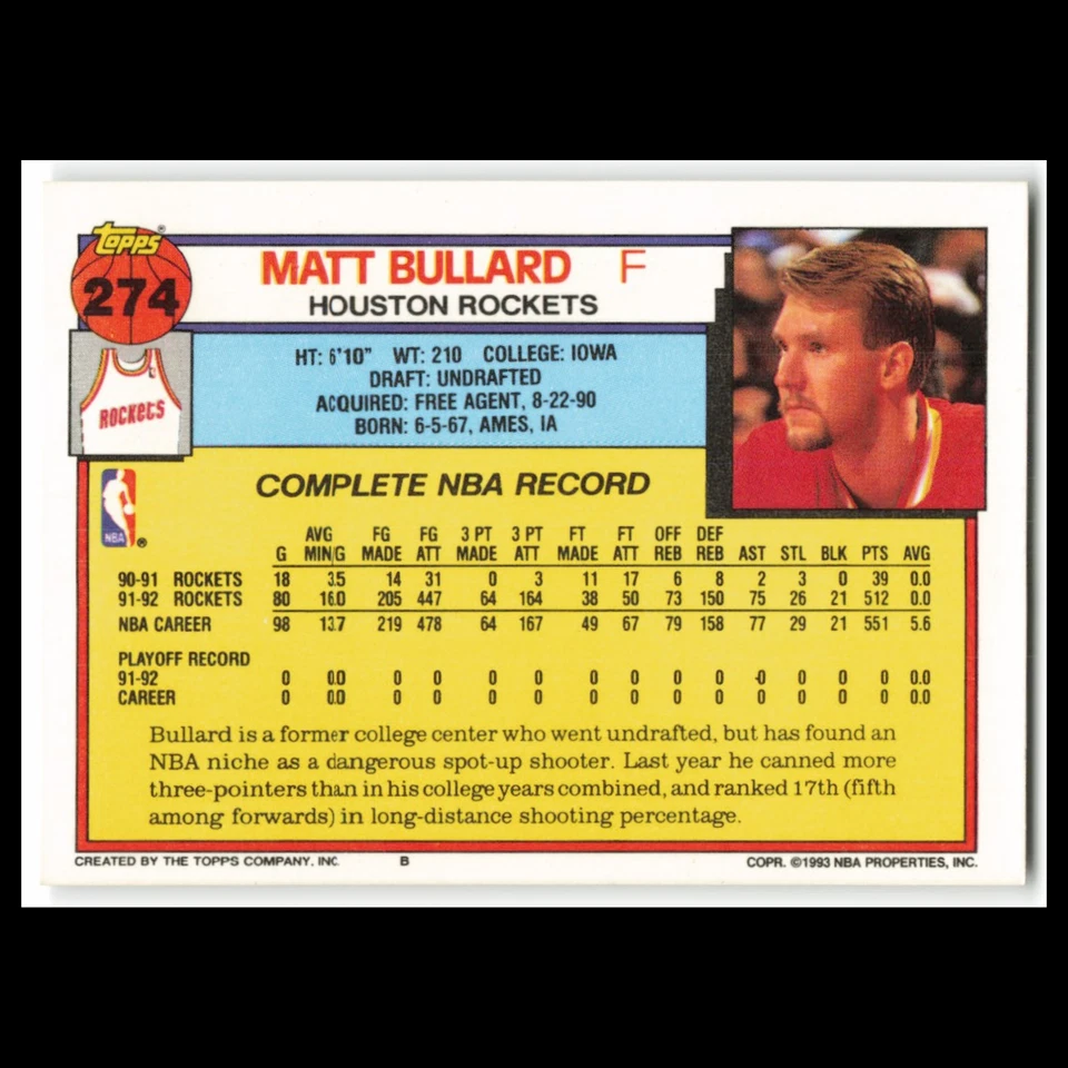 Matt Bullard #274 1992 Topps Houston Rockets Basketball Card NBA NM - Image 2 of 3