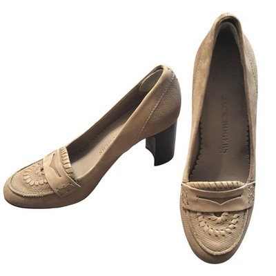 Jack Rogers Womens Tan Leather Penny Loafer Pumps Block Heel Shoes size 7 Stitch