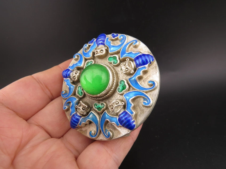 Chino, jade, coleccionables, plata vieja, incrustación de jadeíta, murciélago, hebilla de cinturón D369 Foto 4 de 4