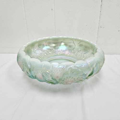 Vintage Fenton Embossed Green Iridescent Acanthus Bowl Floral Design Signed - Picture 7 of 10