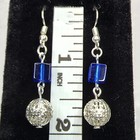 Sphere Square Blue Crystal Silver Plate Dangle Handmade Hook Earring