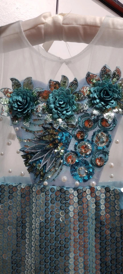 Niñas Vestido Sirena Lentejuelas Joyas Adornado Azul Aqua Glamoroso Vestido Disfraz Foto 2 de 4
