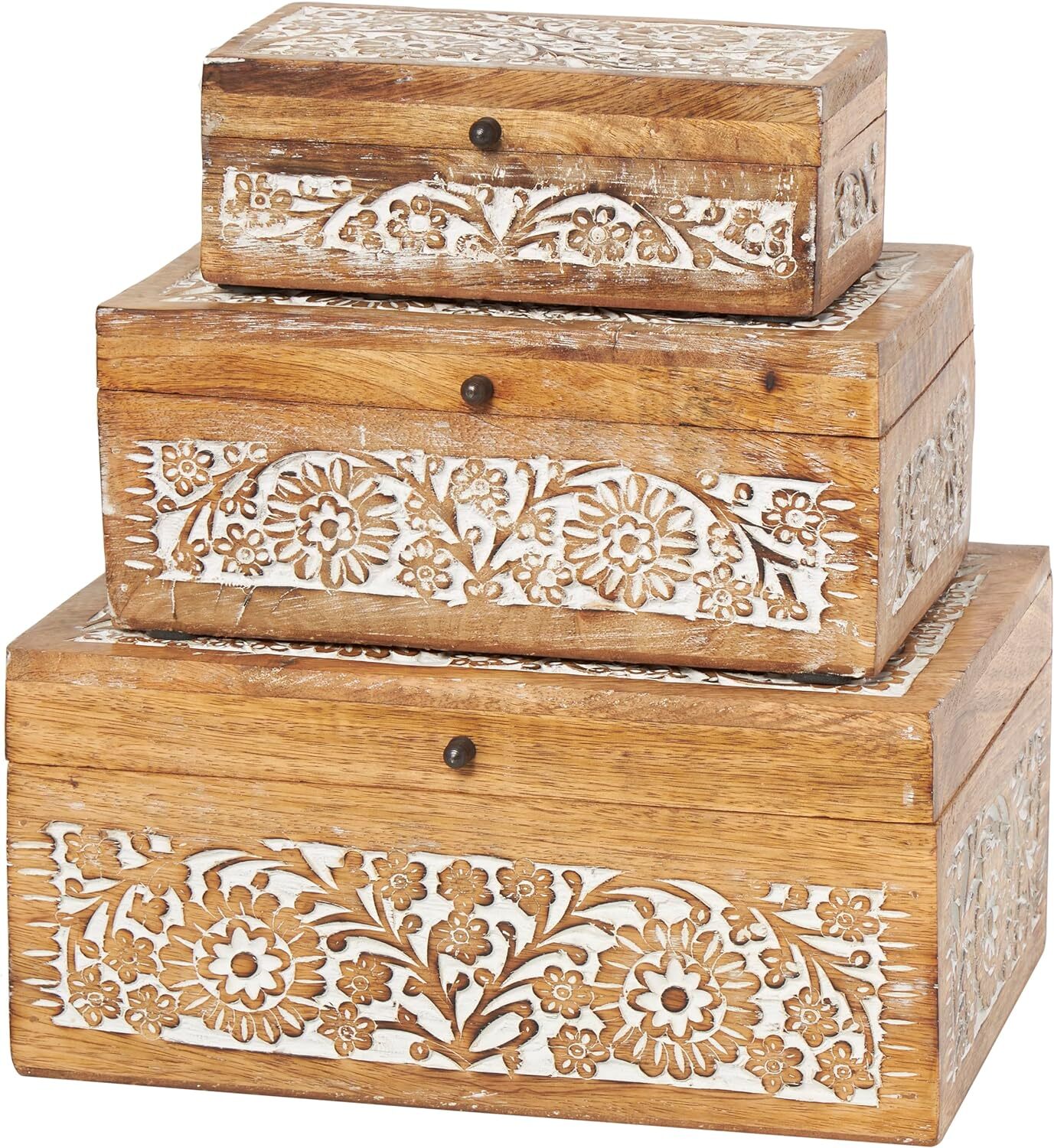Deco 79 Mango Wood Floral Decorative Box Set of 3 Brown Storage