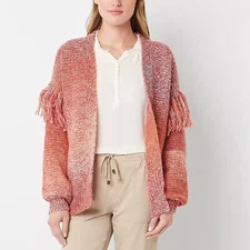 Frye and Co. $85 Open Front Fringed Blouson Sleeve Spacedyed Rose Cardigan M