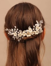 Flower Wedding Hair Comb Silver Leaf Rhinestone Beads Hair Piece Bridal Cryst...