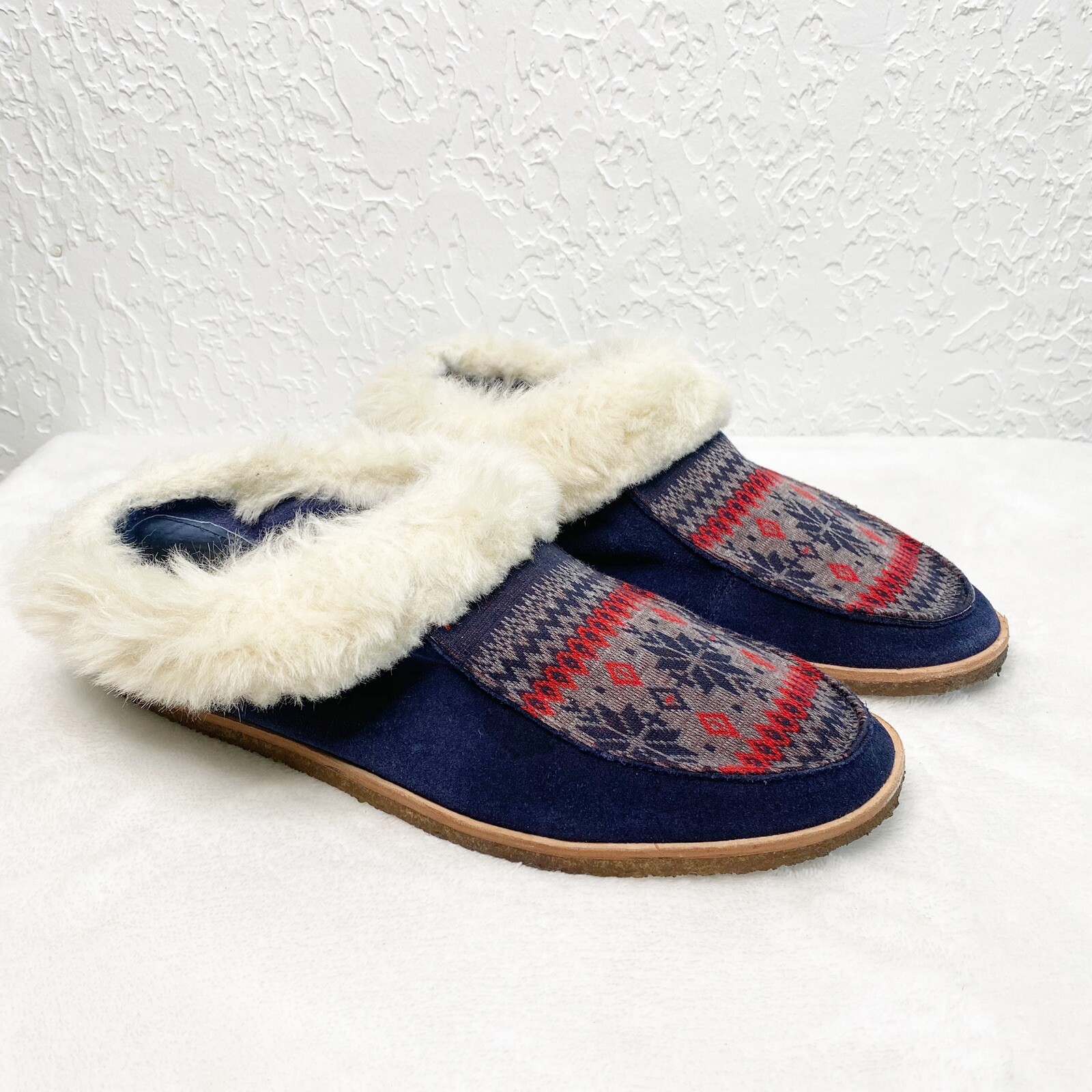 Splendid WOMENS Slippers House shoes Faux Fur Blue Fairisle knit