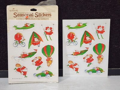 2 SHEETS Vintage 1984 Hallmark Christmas Stickers Sports Santa Ski Skate Bike